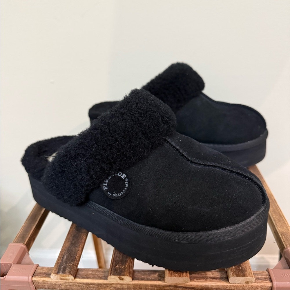 Dearfoams Fireside platform Slippers Black Faux-Shearling Slip-On Clog 8